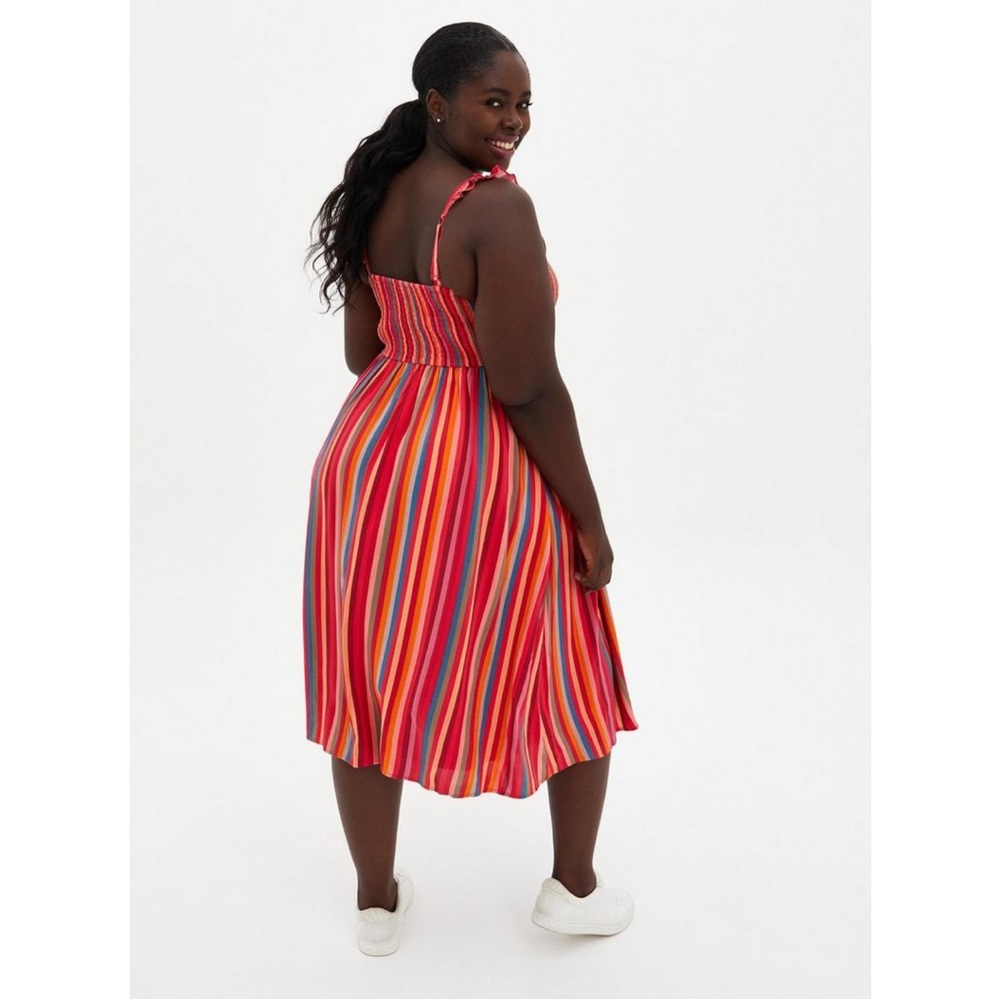 Torrid Midi Challis Smocked Tiered Dress in Stripe Pink - Picture 3 of 13